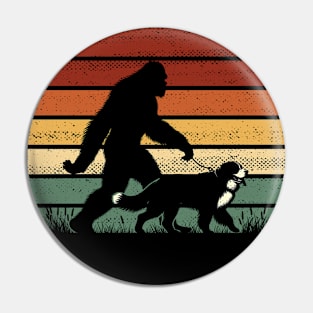 Bigfoot Sasquatch Walking Bernese Mountain Dog Retro Sunset Hiking  Pin