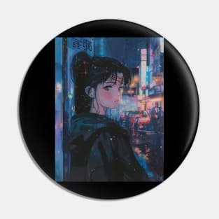 Anime Girl City Rainy Retro Pin