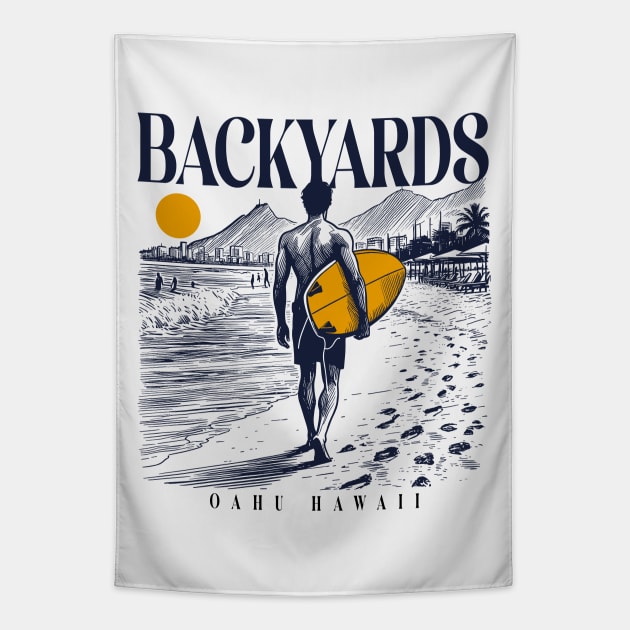 Vintage Surfing Backyards, Oahu, Hawaii // Retro Surfer Sketch // Surfer's Paradise Tapestry by Now Boarding