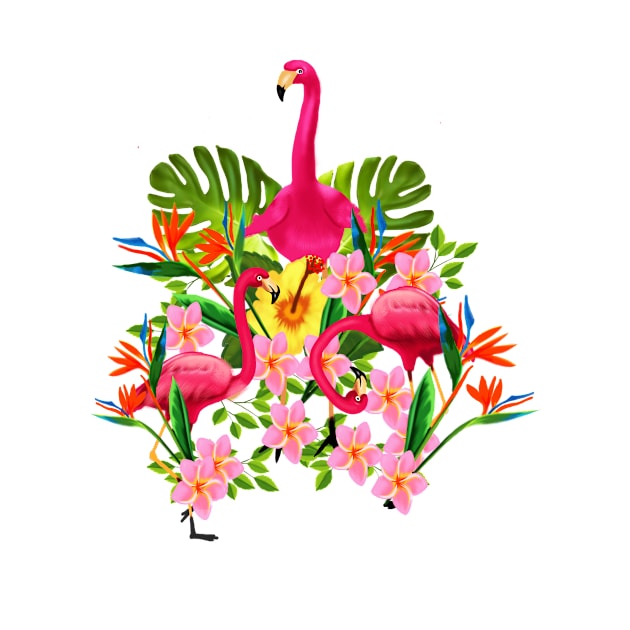 Flamingo Flock Tropical Floral, Birds by dukito