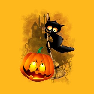 Cat Fun Halloween Character scared by a Pumpkin T-Shirt