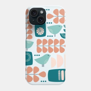 Retro Mid Century Modern Bird and Leaves in teal, light blue, peach and dark salmon Phone Case