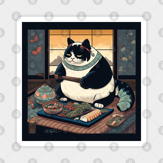 Tubby Kitty Eats Sushi Pt. 2 Magnet by Bee's Pickled Art