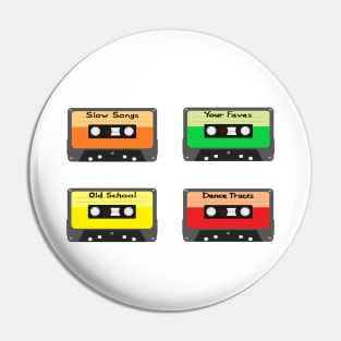 Mixtapes Pack. Set of Four Retro Cassette Mix Tapes in Vintage Colors. Slow Songs, Your Faves, Old School and Dance Tracks. (White Background) Pin