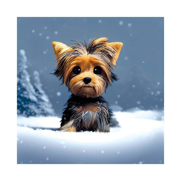 Cute Yorkshire Terrier Puppy in the winter snow by Geminiartstudio