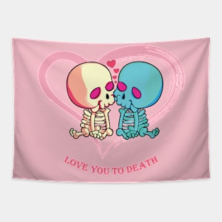 Love You to Death for Valentines Day. Skeletons kissing surrounded by hearts Tapestry