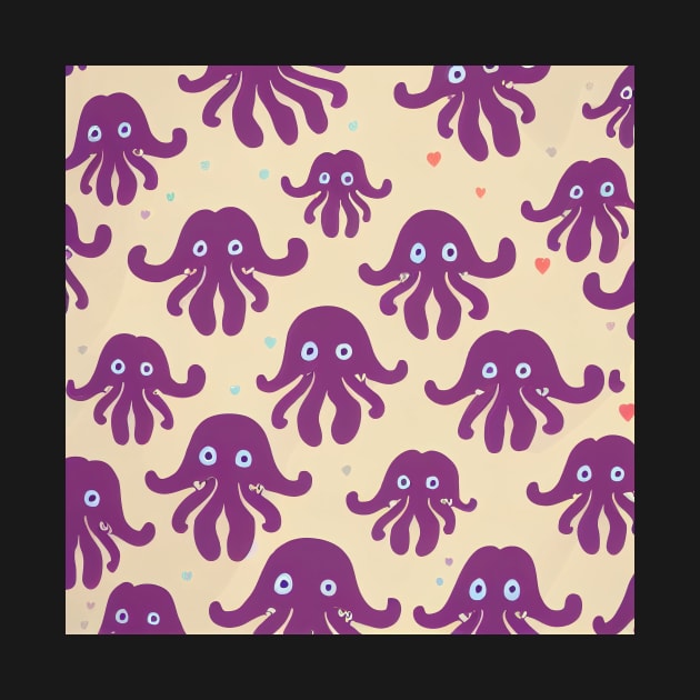 A fun vividly colored pattern of cute pink octopi and hearts swimming around the ocean  in a cartoonish minimalist style inspired by credit scenes anime movie and television series.  Thank you for supporting an indie artist! by JensenArtCo