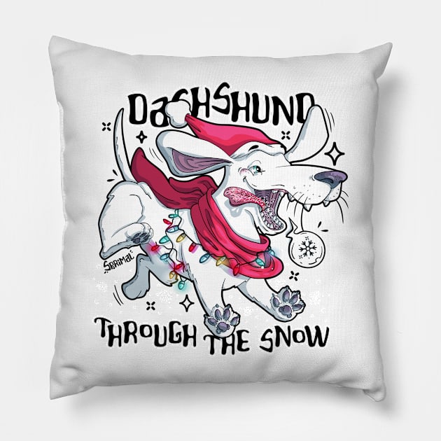 Dachshund through the snow Christmas pun Pillow by SPIRIMAL