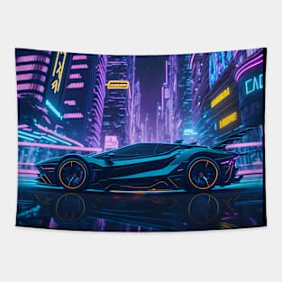 Dark Neon City Sports Car Tapestry