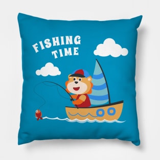 Vector cartoon illustration of cute lion fishing on sailboat with cartoon style. Pillow