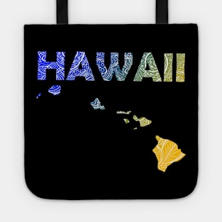 Colorful mandala art map of Hawaii with text in blue and yellow Tote