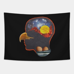 Weird collage head with beak Tapestry