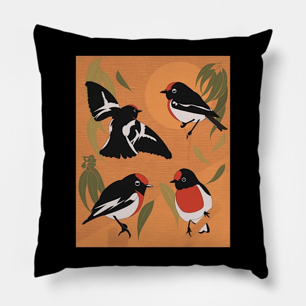 Red capped Robin with dark green leaves Pillow by Flaxenart