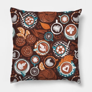 Love hugs in coffee mugs // pattern // expresso brown background lagoon orange and aqua cups and plates autumn leaves delicious cinnamon buns and cakes coffee stains and beans Pillow