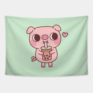 Cute Little Pig Loves Drinking Bubble Tea Tapestry