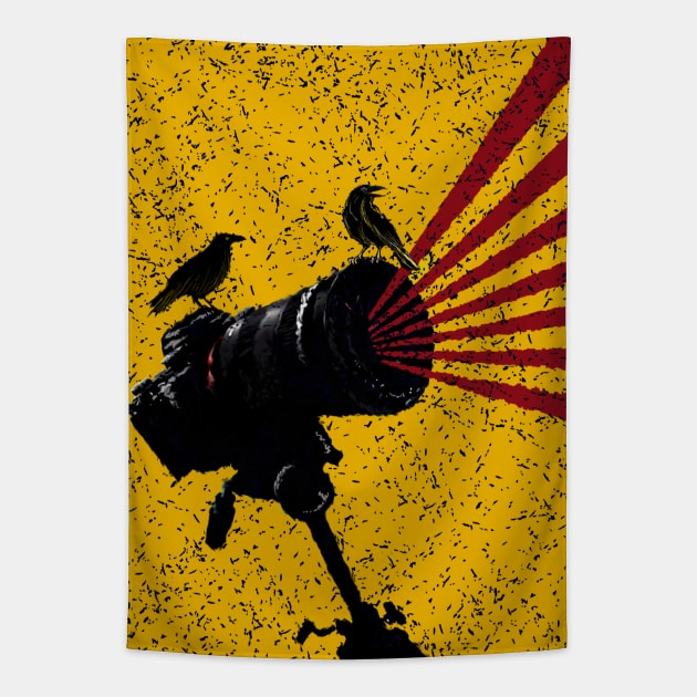 Camera and Two Crows Huginn and muninn a pair of Ravens with camera Tapestry by GeeTee