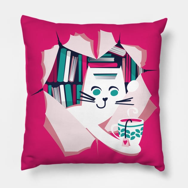 Bookish cat // white cat with tea mug teal white fuchsia and pastel pink books Pillow by SelmaCardoso