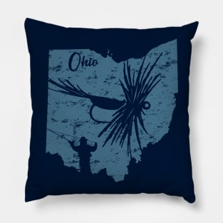 Fly Fishing Ohio State Map Distressed Blue Pillow