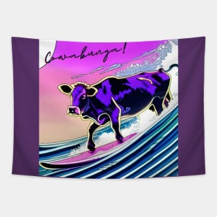 Cowabunga! Funny Retro Surfing Cow Tapestry