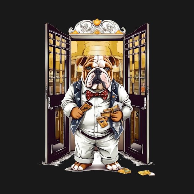 Accountant English Bulldog t-shirt design, a bulldog wearing a bowtie and holding a cash envelope by teestore_24