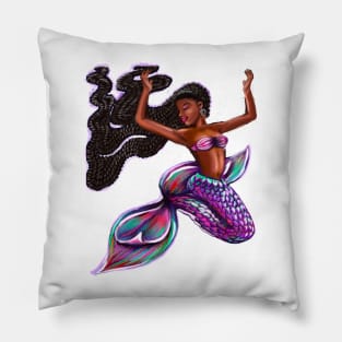 mermaid with flowing braids 2, brown eyes curly Afro hair and caramel brown skin. Black mermaid Pillow