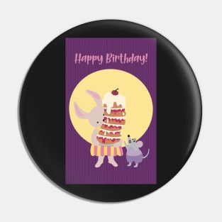 Happy Birthday card, greeting card, with a rabbit holding a high cake that almost will fall Pin