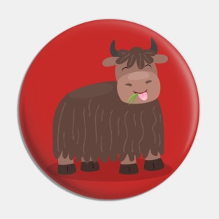 Funny happy yak eating grass cartoon illustration Pin