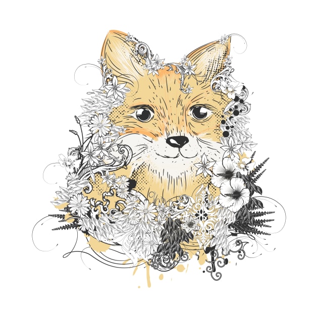 small golden fox with floral decoration by Kisho