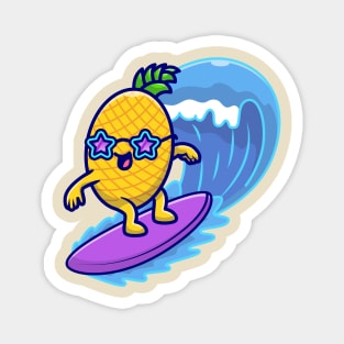 Cute Pineaple Surfing In The Sea Cartoon Magnet