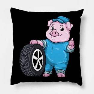 Pig as Car mechanic with Tires Pillow