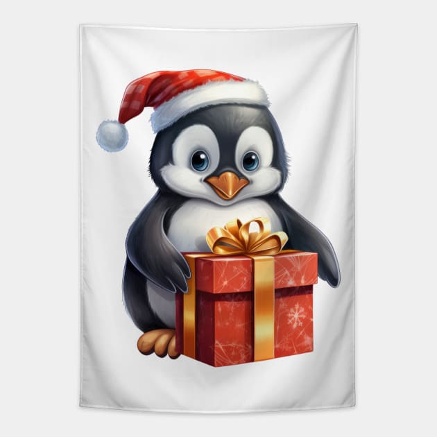 Baby Christmas Penguin With Gift Tapestry by Chromatic Fusion Studio