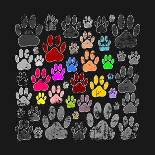 Colorful Distressed Dog Paw Prints On Gray T-Shirt