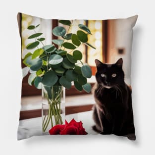 Cute Black Cat with Gift of Leaves and Flowers Pillow