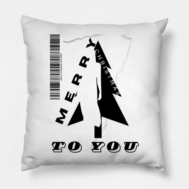 Merry Christmas black Christmas tree and silhouette of a woman with a barcode in a minimalist black and white composition Pillow by PopArtyParty