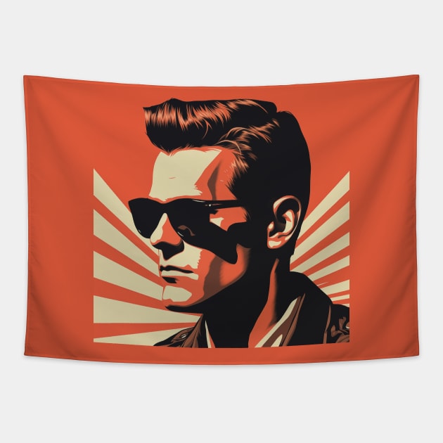 Vector Vintage Red Illustration – 1950s Gentleman with Dark Shades and Fashionable Hairstyle Amid Vintage Sunbeams. Tapestry by Art KateDav