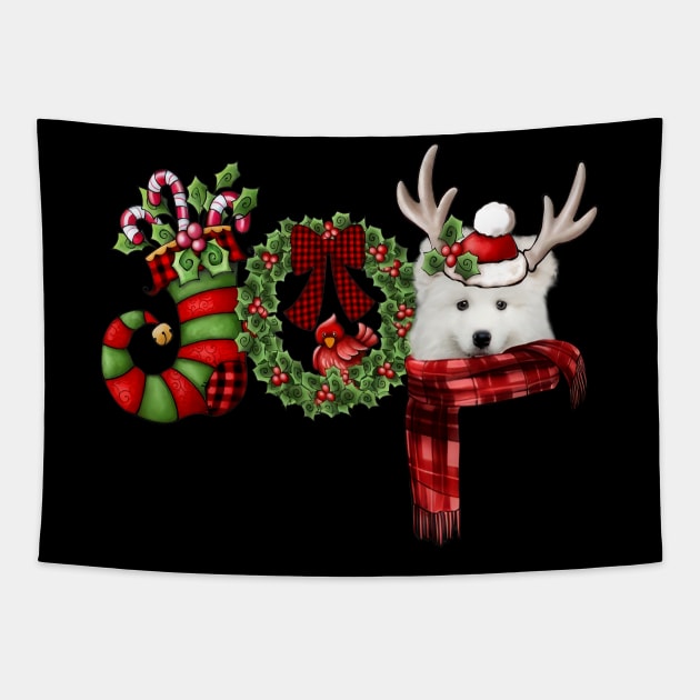 Christmas Joy Dwarf Stocking Reindeer Samoyed Tapestry by cogemma.art