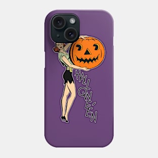 Halloween pinup girl holding a huge jack o lantern Phone Case