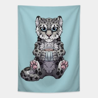 Cute Snow Leopard Drinking Tea Coffee or Hot Chocolate Tapestry