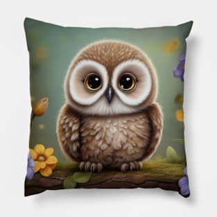 Adorable Baby Owl Among Pretty Flowers Pillow