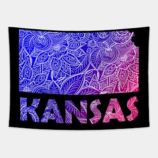 Colorful mandala art map of Kansas with text in blue and violet Tapestry