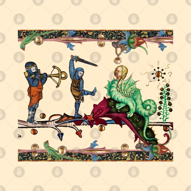 WEIRD MEDIEVAL BESTIARY  WAR, KNIGHTS COMBATTING AGAINST HYBRID DRAGON by BulganLumini