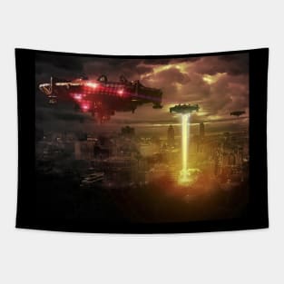 Stunning Alien Spaceships over City - Colorful Tapestry