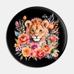 A lion cub decorated with beautiful watercolor flowers Pin