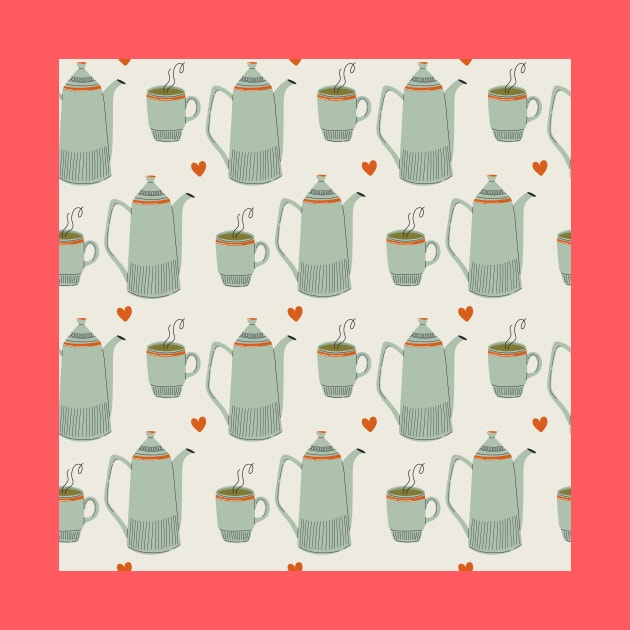 Pattern with ceramic kitchen utensils and hot drink by DanielK