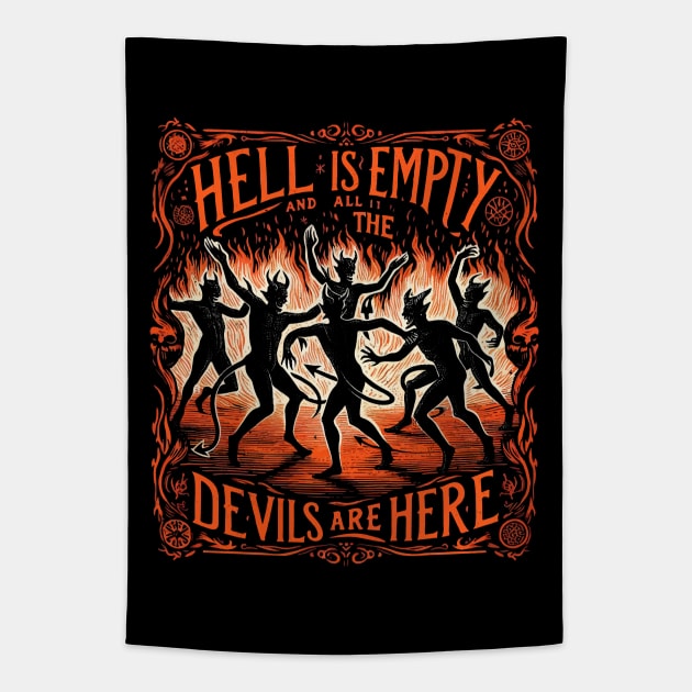 Hell is Empty  - Gothic Woodcut - Shakespeare Quote Tapestry by QuirkyInk