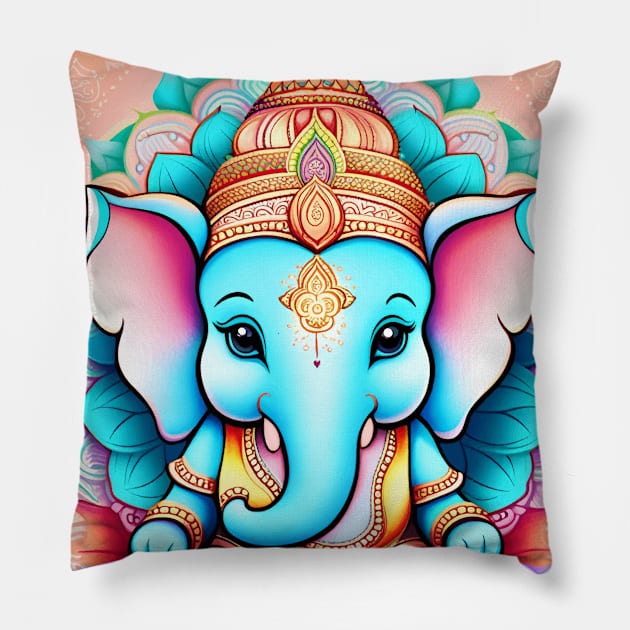 Baby Ganesh sitting on a lotus flower Pillow by mariasshop