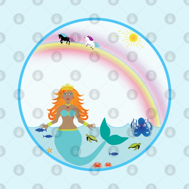 Mermaid in Sea with fish octopus crabs turtles unicorns and rainbow by Rosemarie Guieb Designs