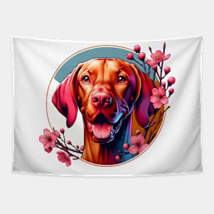 Vizsla Joy in Spring with Cherry Blossoms and Flowers Tapestry