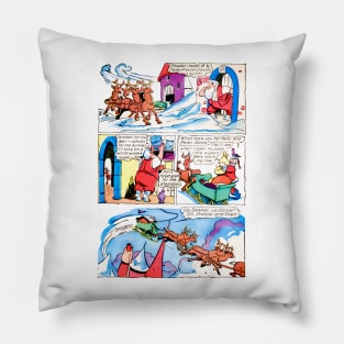 Santa Claus is in a hurry because he is late to deliver Christmas gifts Retro Vintage Comic Pillow