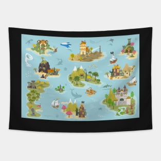 Pirate islands in hand drawn cartoon style Tapestry